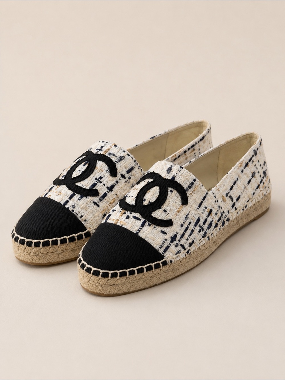 NotChanel Chic Black & Cream and Gold Espadrille Slip-Ons with Logo Accent 40/9